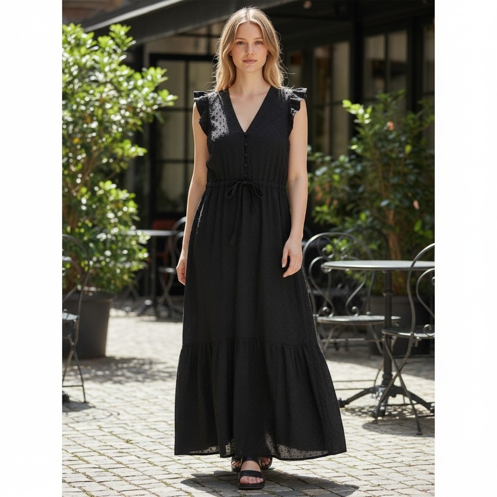Emerson Fry India Collection Maxi Dress Womens XS Black VGUC Clip Dot Tiered